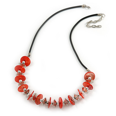 Red Coin Shell and Silver Tone Metal Button Bead Black Rubber Cord Necklace - 61cm L/ 7cm Ext