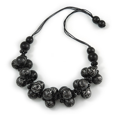 Chunky Wood Bead Cotton Cord Necklace (Black/ Silver) - 66cm L