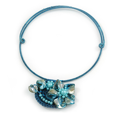 Light Blue/ Teal Shell Component, Acrylic Bead Floral Pendant Flex Wire Choker Necklace - Adjustable
