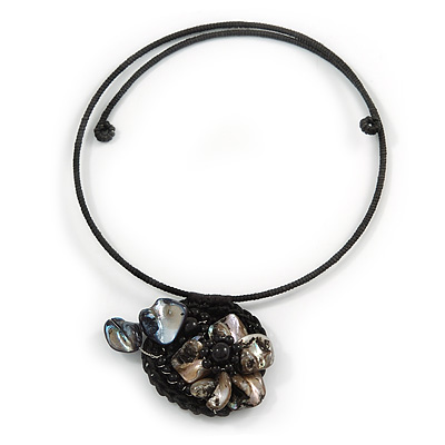 Black Shell Component, Acrylic Bead Floral Pendant Flex Wire Choker Necklace - Adjustable