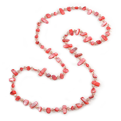 Long Peony Pink Shell/ Transparent Glass Crystal Bead Necklace - 120cm L