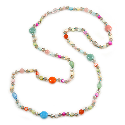 Long Pastel Multicoloured Shell Nugget, Ceramic and Glass Crystal Bead Necklace - 116cm L