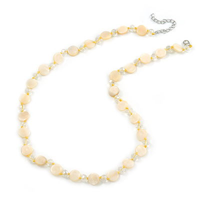 Pastel Yellow Coin Shell and Crystal Glass Bead Necklace with Silver Tone Closure - 56cm L/ 5cm Ext - main view