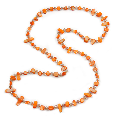 Long Orange Shell/ Transparent Glass Crystal Bead Necklace - 120cm L