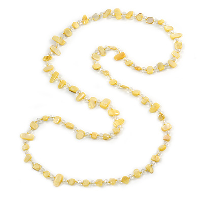 Long Daffodil Yellow Shell/ Transparent Glass Crystal Bead Necklace - 120cm L