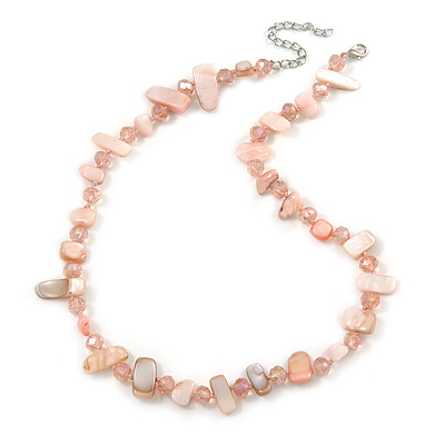 Delicate Pastel PInk Sea Shell Nuggets and Light Pink Glass Bead Necklace - 48cm L/ 7cm Ext