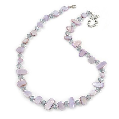 Delicate Pale Lavender Sea Shell Nuggets and Glass Bead Necklace - 48cm L/ 7cm Ext