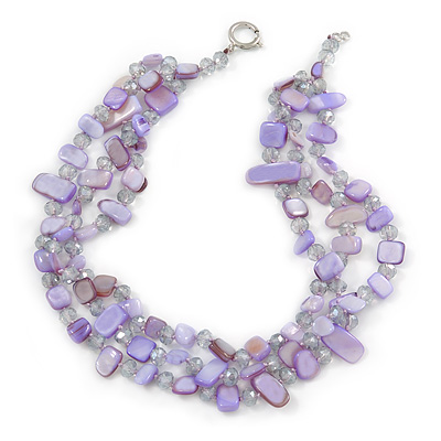 3 Row Pastel Purple Shell And Transparent Glass Bead Necklace - 43cm L