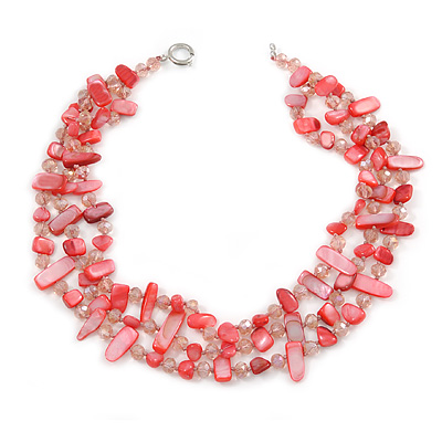 3 Row Peony Pink Shell And Pale Rose Pink Glass Bead Necklace - 45cm L