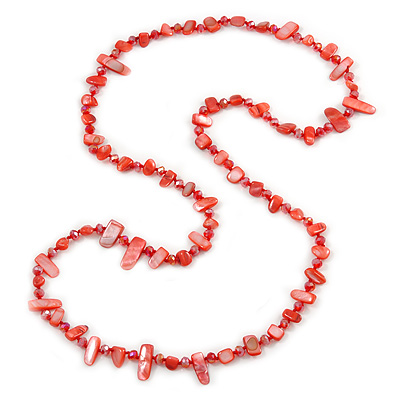 Stunning Long Red Shell Nuggets and Glass Crystal Bead Necklace - 120cm L