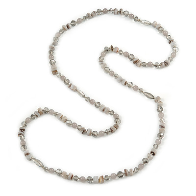 Long Light Grey Semiprecious Stone, Agate and Glass Bead Necklace - 120cm L
