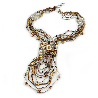 Bronze/ Antique White/ Transparent Silver Glass Bead Tassel Necklace with Button and Loop Closure - 46cm L (Necklace)/ 20cm L (Front Drop