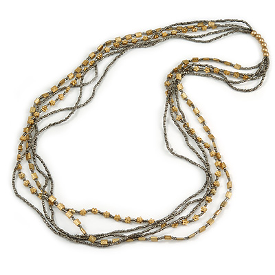 Long Multistrand Grey Glass and Gold Acrylic Floral Bead Necklace - 100cm L