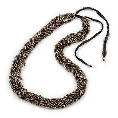 Multistrand Plaited Beaded Necklace (Grey/ Bronze) - 44cm L