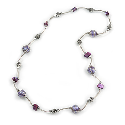 Purple Shell and Glass Bead with Wire Detailing Necklace In Silver Tone Metal - 70cm L