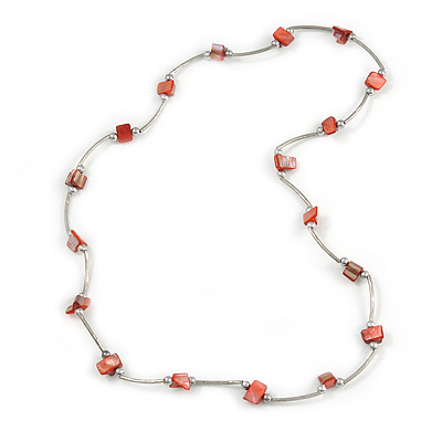 Burnt Orange Shell Nugget Necklace In Silver Tone Metal - 66cm L