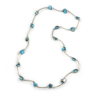 Teal Blue Shell Nugget Necklace In Silver Tone Metal - 66cm L