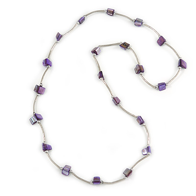 Purple Shell Nugget Necklace In Silver Tone Metal - 76cm L