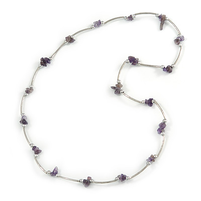 Purple Semiprecious Stone Necklace In Silver Tone Metal - 66cm L