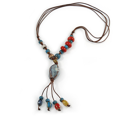 Handmade Blue, Red Ceramic Bead Tassel Brown Silk Cord Necklace - 46cm to 66cm Long (Adjustable)