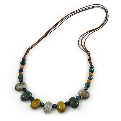 Multi Ceramic Bead Brown Cord Necklace (Dusty Yellow, Grey, Blue) - 60cm to 80cm (Adjustable)