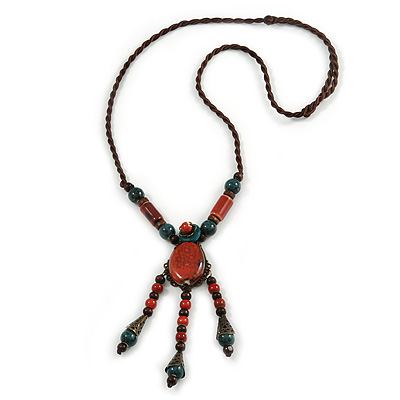 Vintage Inspired Coral/ Teal Ceramic Bead Tassel Brown Silk Cord Necklace - 58cm Long