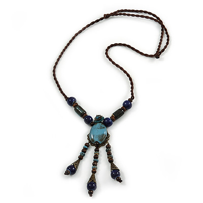 Vintage Inspired Blue Ceramic Bead Tassel Brown Silk Cord Necklace - 58cm Long - main view