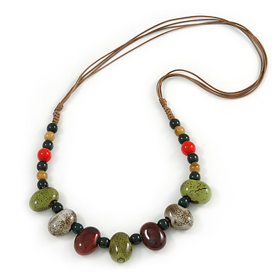 Multi Ceramic Bead Brown Cord Necklace (Dusty Green, Red, Dusty White) - 60cm to 80cm (Adjustable)