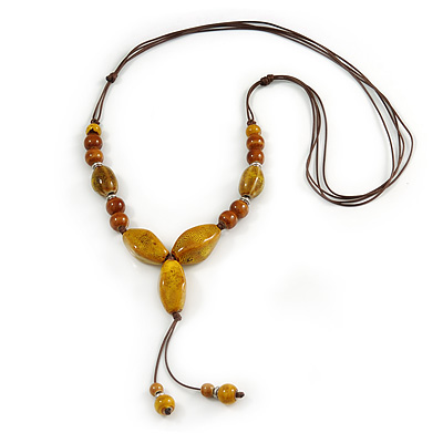 Long Dusty Yellow/ Brown Ceramic Bead Tassel Cord Necklace - 60cm to 80cm Long (Adjustable)