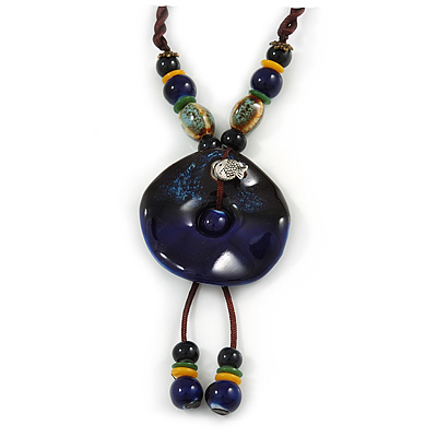 Handmade Blue Ceramic Bead Tassel Brown Silk Cord Necklace - 80cm Long/ 9cm Tassel