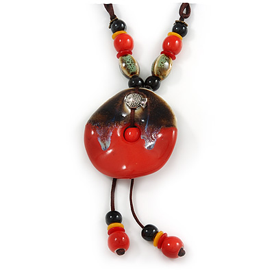 Handmade Red, Brown, Black Ceramic Bead Tassel Brown Silk Cord Necklace - 80cm Long/ 9cm Tassel