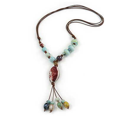 Handmade Light Blue, Brown Ceramic Bead Tassel Brown Silk Cord Necklace - 46cm to 66cm Long (Adjustable)