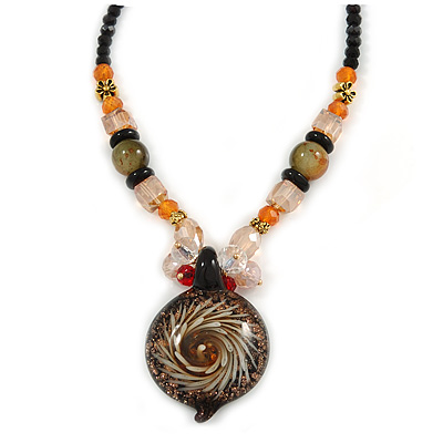 Romantic Floral Glass Pendant with Beaded Chain Necklace (Olive Green/ Black/ Orange) - 44cm L - main view