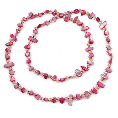 Long Magenta Shell/ Nude Glass Crystal Bead Necklace - 120cm L