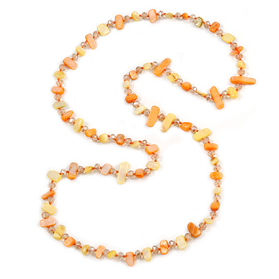 Long Orange/ Yellow Shell/ Transparent Glass Crystal Bead Necklace - 110cm L