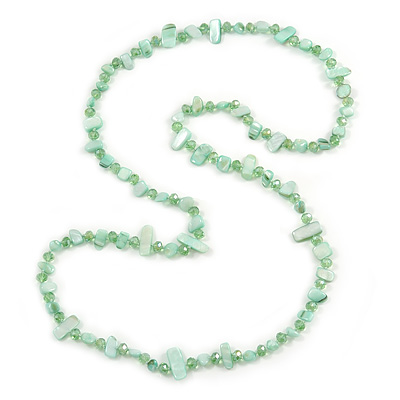 Long Pastel Green/ Mint Shell/ Green Glass Crystal Bead Necklace - 110cm L