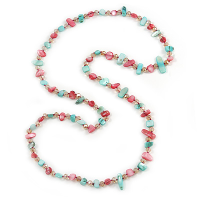 Long Mint, Magenta Shell/ Pale Pink Glass Crystal Bead Necklace - 115cm L - main view