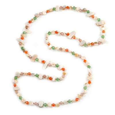 Long White Shell/ Orange, Green, Pink Glass Crystal Bead Necklace - 115cm L - main view