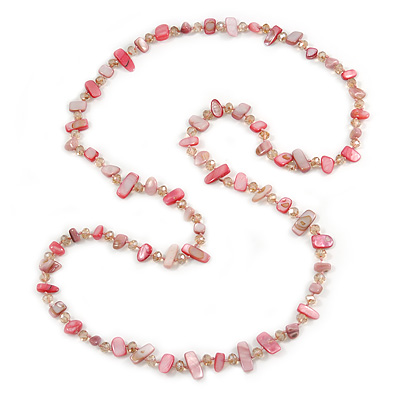 Long Pink Shell and Glass Crystal Bead Necklace - 120cm L