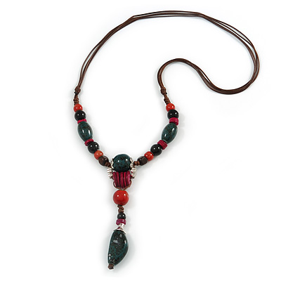 Green/ Black/ Red Ceramic, Brown Wood Bead with Silk Cords Necklace - 56cm to 80cm Long/ Adjustable