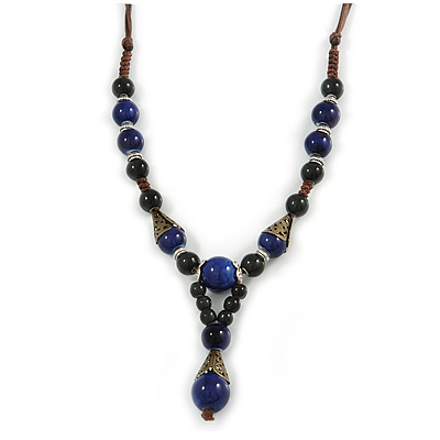 Blue, Black Ceramic Bead with Brown Silk Cords Necklace - 56cm to 80cm Long/ Adjustable