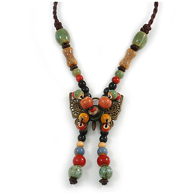 Bronze Tone, Multicoloured Ceramic Bead Butterfly Pendant with Brown Silk Cord Necklace - 76cm L/ 7cm Tassel - main view