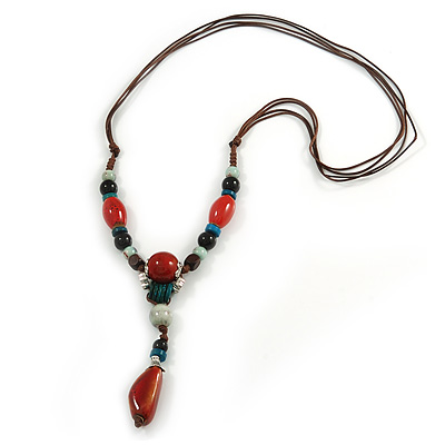 Blue/ Black/ Red Ceramic, Brown Wood Bead with Silk Cords Necklace - 56cm to 80cm Long/ Adjustable