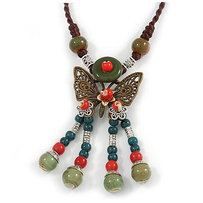 Bronze Tone, Ceramic Bead Butterfly Pendant with Brown Silk Cord Necklace - 72cm L/ 9cm Tassel