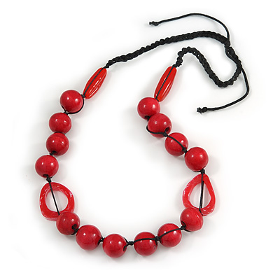 Signature Wood, Ceramic, Acrylic Bead Black Cord Necklace (Raspberry Red) - 72cm L (Adjustable)