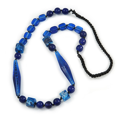 Statement Glass, Resin, Ceramic Bead Black Cord Necklace In Blue - 88cm L