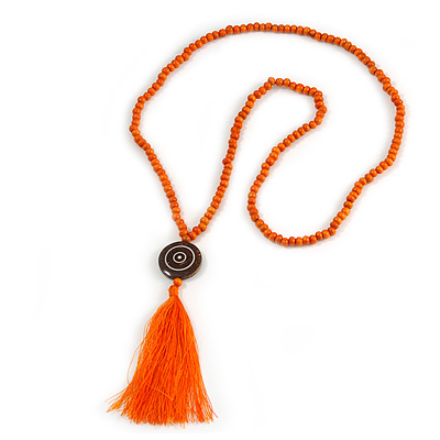Long Orange Wood Bead Cotton Tassel Necklace - 90cm L/ 15cm Tassel