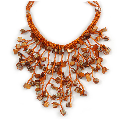 Burnt Orange Shell Nugget, Glass Bead Fringe Necklace - 42cm L/ 13cm Front Drop