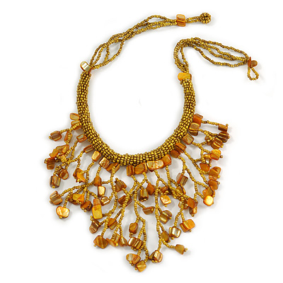 Mustard Yellow Shell Nugget, Glass Bead Fringe Necklace - 42cm L/ 11cm Front Drop