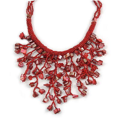 Red Shell Nugget, Glass Bead Fringe Necklace - 42cm L/ 11cm Front Drop